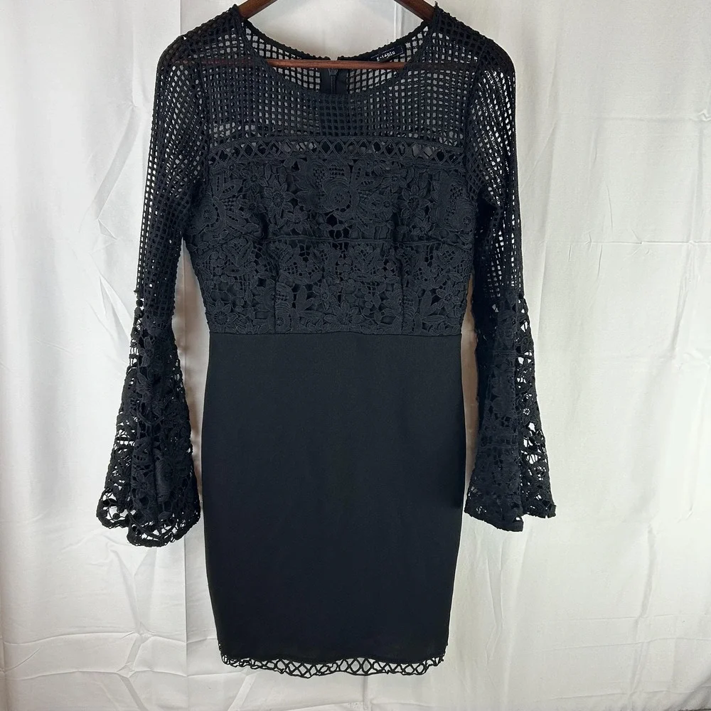 Soieblu Dress Womens Medium Black Lace Bell Sleeve‎ Bodycon Mini S17023